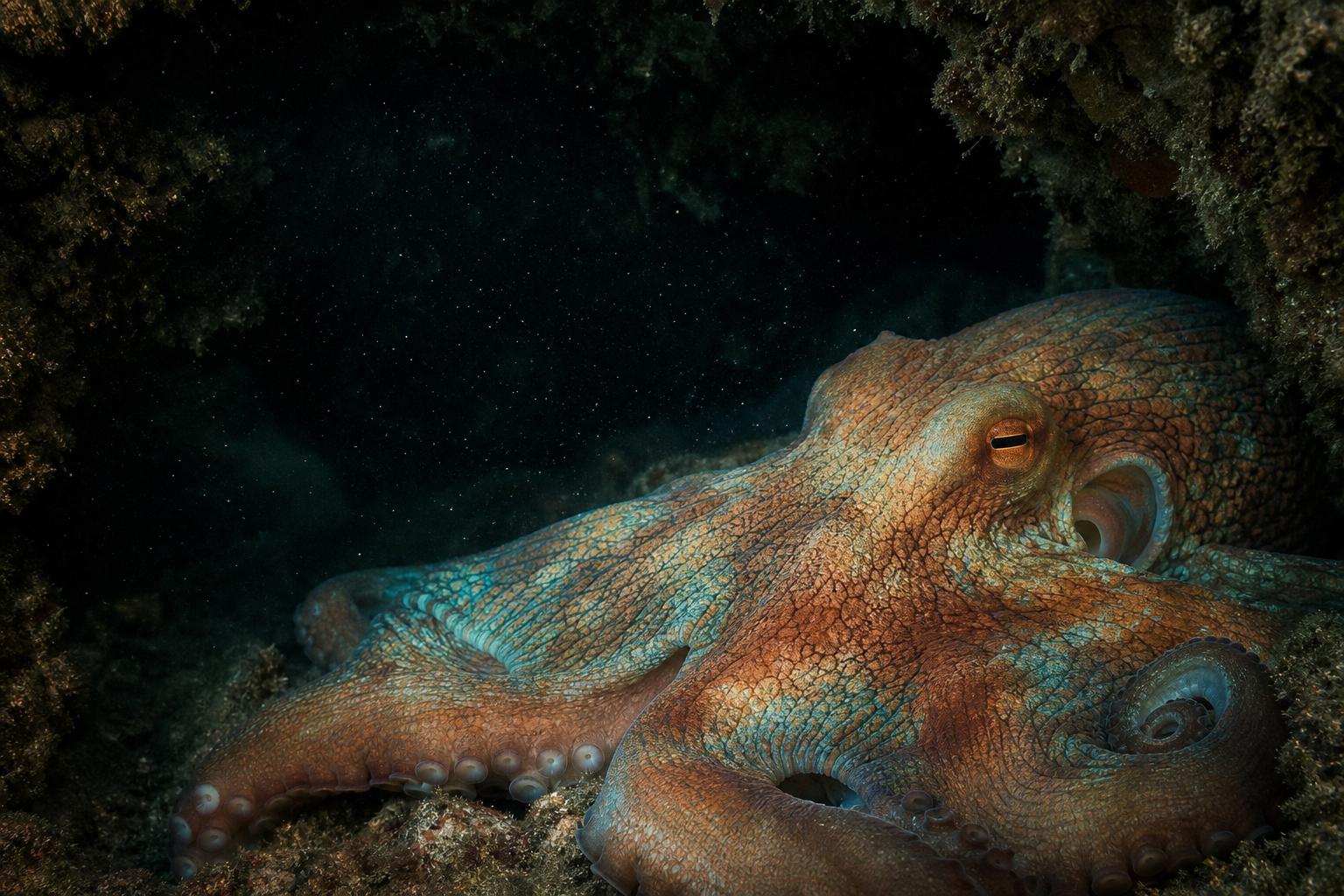 Octopus resting in a dark reef crevice with restrained blue and rust skin patterning.